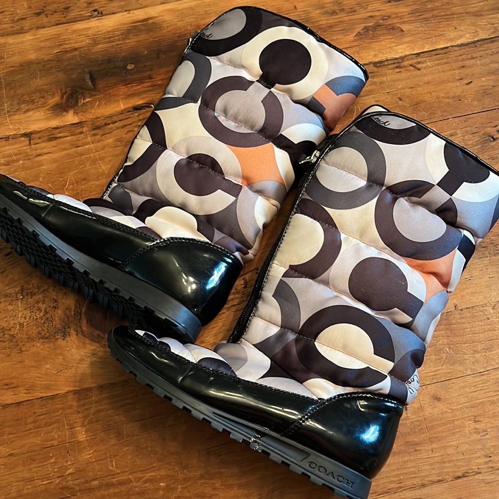 Coach Quilted Logo Winter Boots in Black, Brown, Cream & Orange